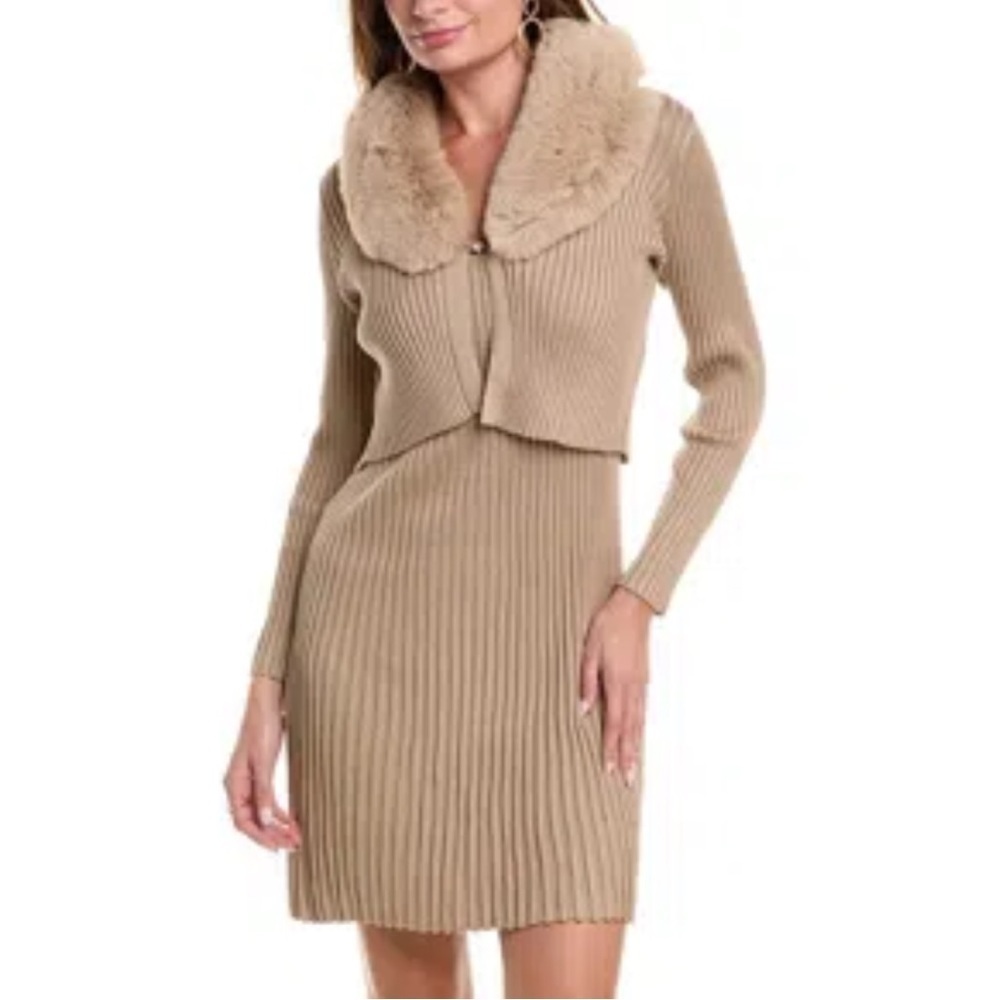 Taylor 2pc Tan Ribbed Midi Dress w/ Matching Jacket Faux Fur Collar Sz Lg NWT